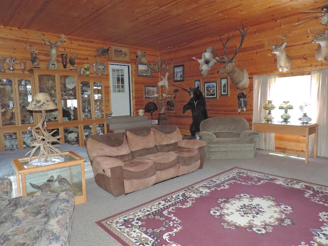 living room featuring carpet floors, wood walls, rustic walls, and wooden ceiling