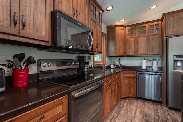 kitchen featuring dark wood-type flooring, sink, vaulted ceiling, a textured ceiling, and stainless steel appliances