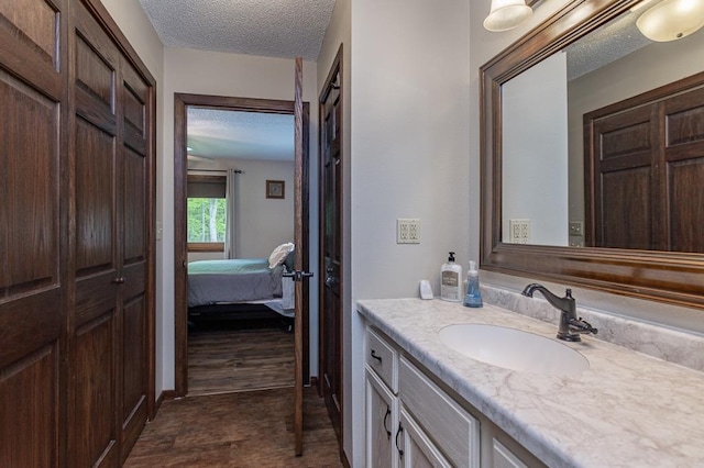 bathroom featuring vanity, wood-type flooring, and a textured ceiling