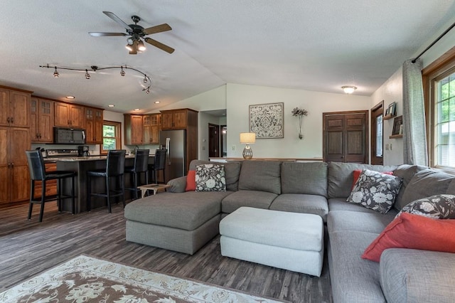 living room with ceiling fan, lofted ceiling, and dark hardwood / wood-style floors