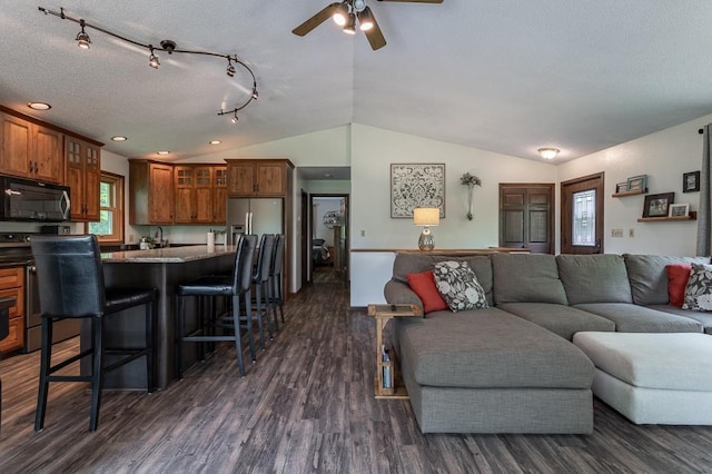 living room with ceiling fan, lofted ceiling, dark hardwood / wood-style flooring, and a textured ceiling