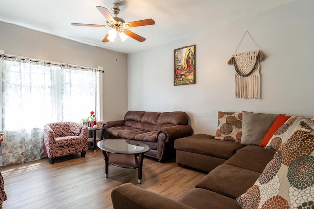 living room with ceiling fan and hardwood / wood-style floors