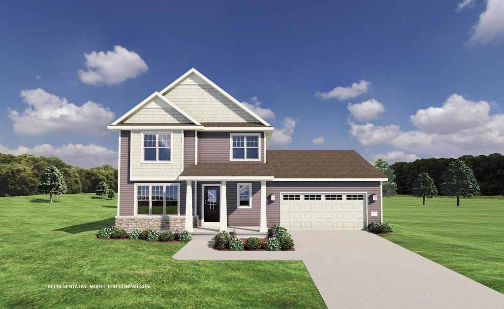 craftsman-style home with an attached garage, stone siding, driveway, and a front lawn