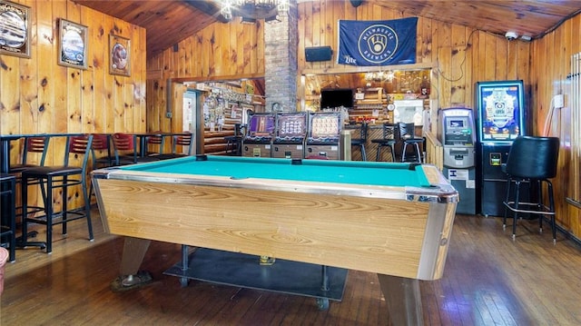 14549 Plummer Rd, Weyerhaeuser, WI 54895 - recreation room with brick wall, billiards, hardwood / wood-style flooring, wood ceiling, and lofted ceiling