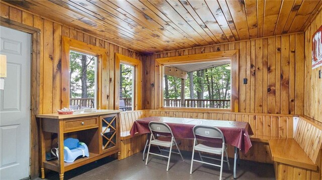 14549 Plummer Rd, Weyerhaeuser, WI 54895 - dining area featuring wooden walls and wooden ceiling