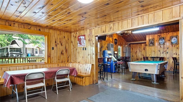 14549 Plummer Rd, Weyerhaeuser, WI 54895 - game room featuring wooden walls, pool table, wood ceiling, and lofted ceiling