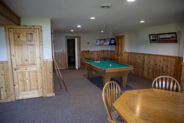 rec room with dark carpet, wooden walls, and billiards