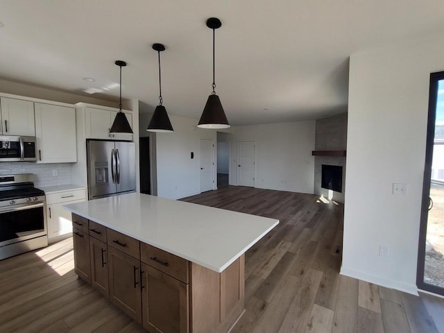 485 Chapman Farm Blvd, Mukwonago, WI 53149 - kitchen featuring stainless steel appliances, wood finished floors, light countertops, and decorative backsplash