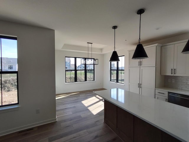 485 Chapman Farm Blvd, Mukwonago, WI 53149 - kitchen with a tray ceiling, dark wood-style floors, black dishwasher, white cabinetry, and light countertops
