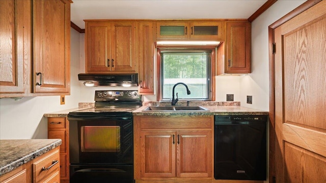 kitchen with crown molding, sink, black appliances, and extractor fan