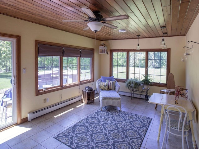 living area with wood ceiling, light tile patterned floors, and a baseboard heating unit