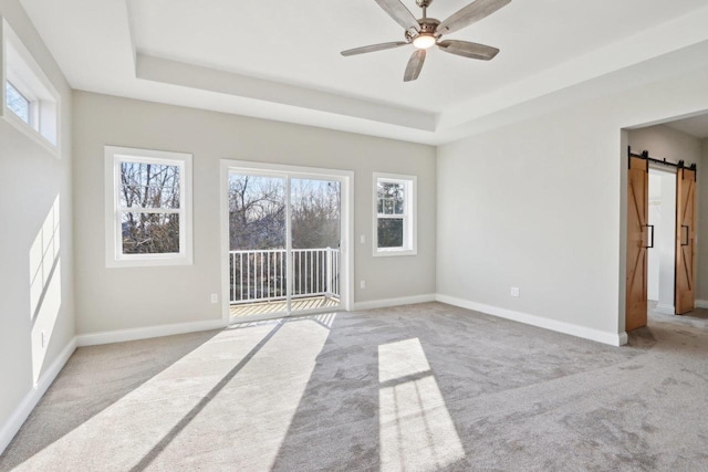 carpeted spare room with a wealth of natural light, a raised ceiling, baseboards, and a barn door