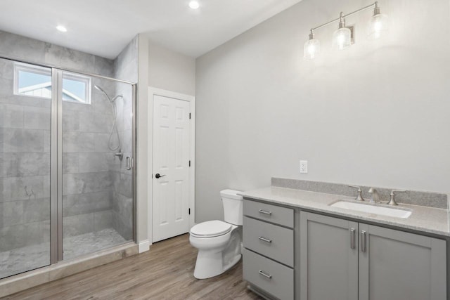 full bathroom featuring toilet, a shower stall, vanity, and wood finished floors