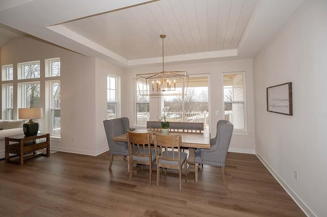 dining area featuring dark hardwood / wood-style flooring, a tray ceiling, and a wealth of natural light