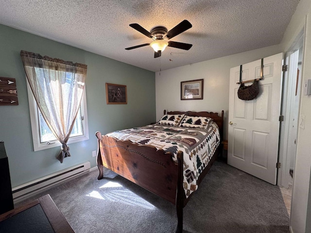 carpeted bedroom featuring ceiling fan, a baseboard radiator, and a textured ceiling