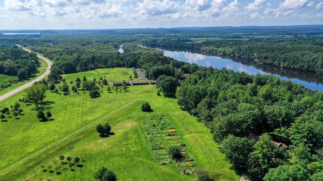 drone / aerial view featuring a water view and a rural view