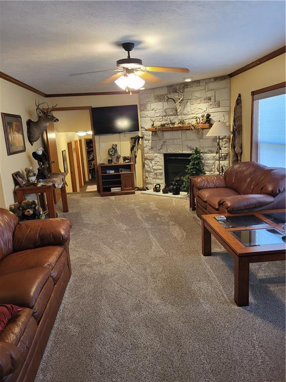 carpeted living room featuring a textured ceiling, ceiling fan, a stone fireplace, and crown molding