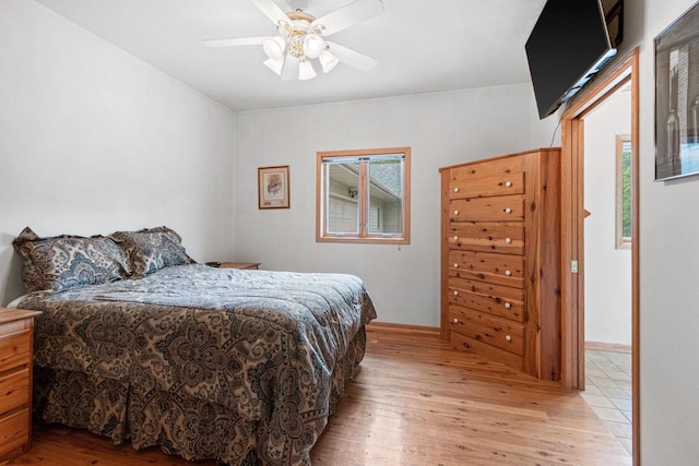 bedroom with light hardwood / wood-style flooring and ceiling fan