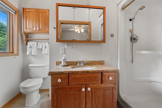 bathroom with tile patterned flooring, vanity, toilet, and walk in shower