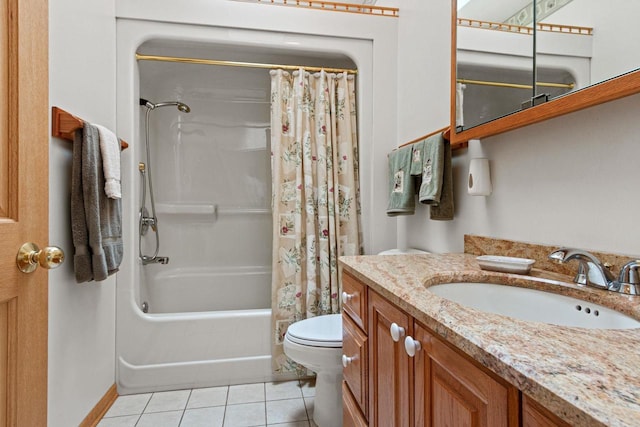 full bathroom featuring tile patterned floors, vanity, shower / bath combination with curtain, and toilet