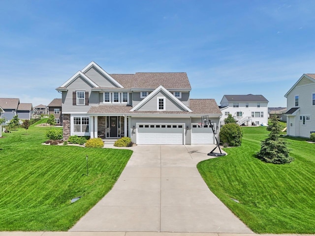 craftsman house with a front lawn and covered porch