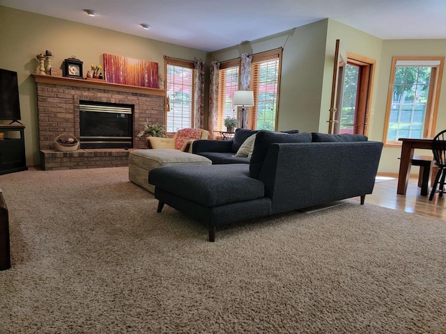 living room featuring a fireplace