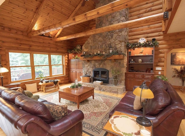 living room with wood ceiling, wood-type flooring, beamed ceiling, and high vaulted ceiling