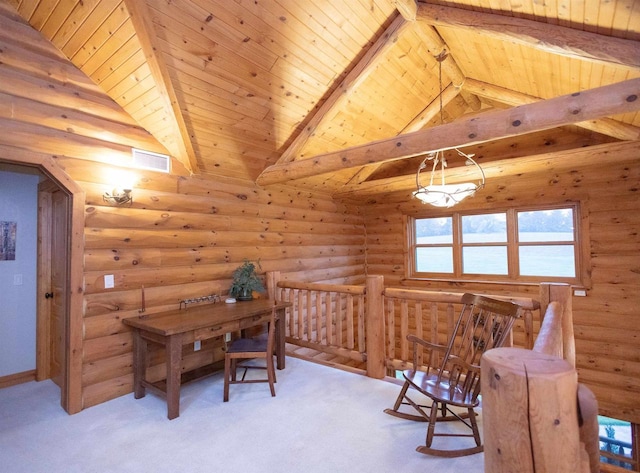 carpeted office featuring lofted ceiling with beams, wooden ceiling, and rustic walls