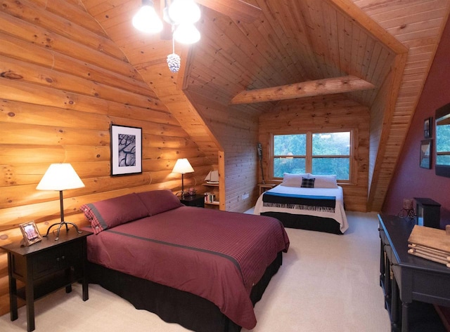 bedroom featuring carpet, vaulted ceiling with beams, and wooden ceiling