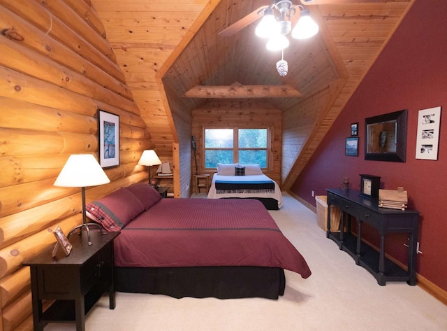 bedroom with rustic walls, ceiling fan, carpet, and wood ceiling