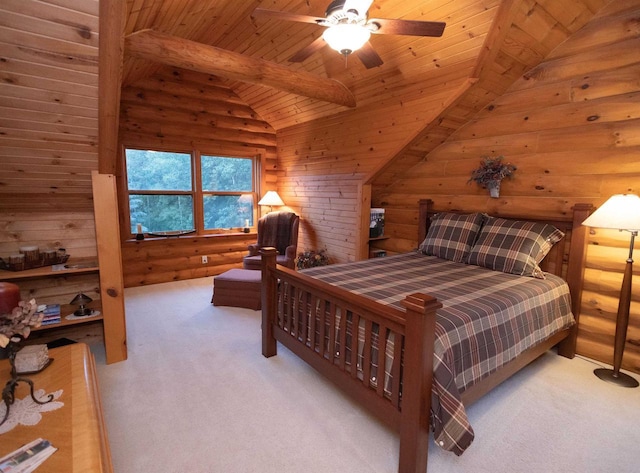 carpeted bedroom with lofted ceiling with beams, ceiling fan, wooden walls, and wood ceiling