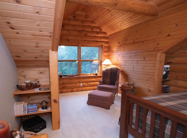 carpeted bedroom featuring wooden ceiling and lofted ceiling with beams