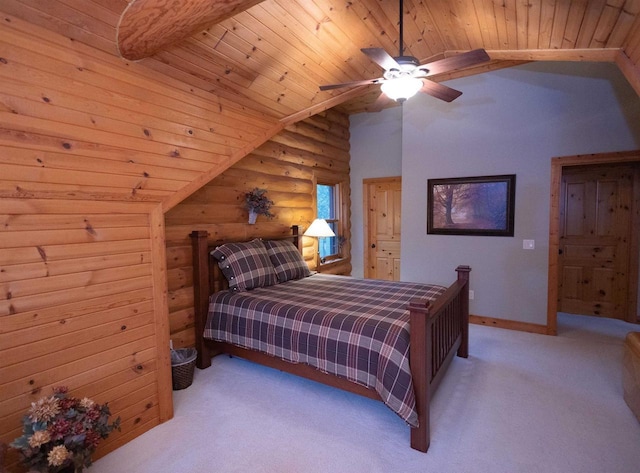 bedroom with vaulted ceiling with beams, ceiling fan, light colored carpet, and wood ceiling