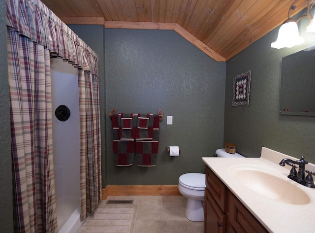 bathroom featuring toilet, tile patterned floors, vaulted ceiling, and wood ceiling