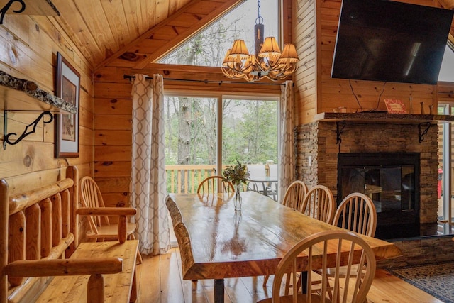 dining room featuring wood walls, vaulted ceiling, a notable chandelier, light hardwood / wood-style floors, and wood ceiling