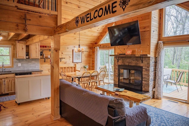 living room with a stone fireplace, wood walls, light hardwood / wood-style flooring, and sink