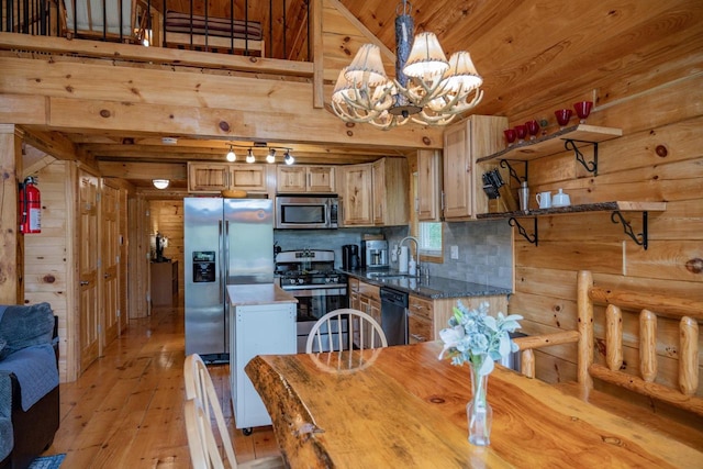 interior space with stainless steel appliances, sink, light hardwood / wood-style flooring, a chandelier, and wood walls