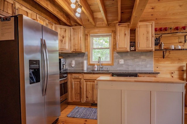 kitchen featuring wooden ceiling, sink, stainless steel fridge with ice dispenser, light hardwood / wood-style floors, and butcher block counters