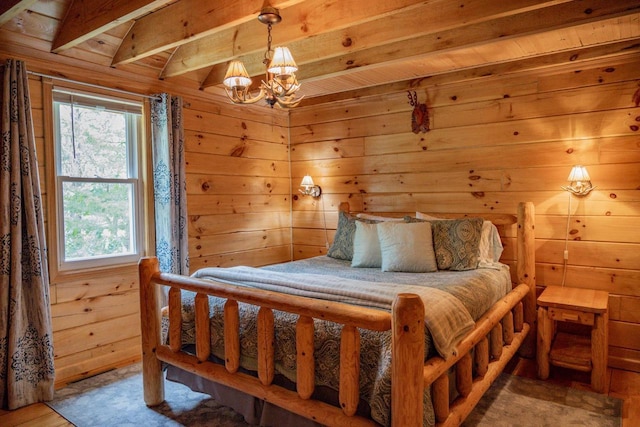 bedroom featuring wood walls, beamed ceiling, wooden ceiling, and a notable chandelier