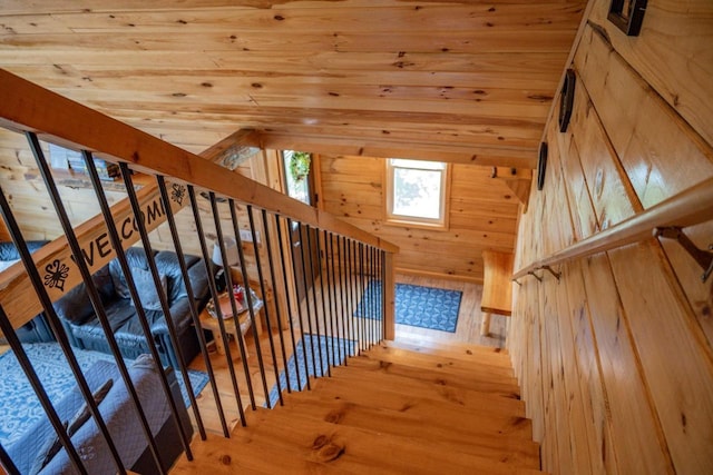 stairs with hardwood / wood-style floors and wooden walls