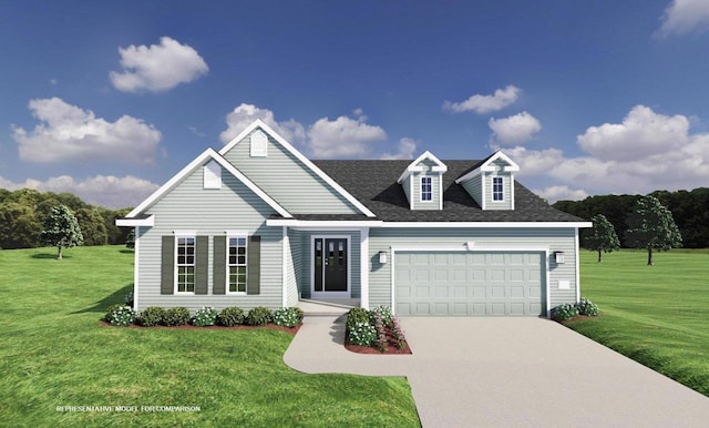 view of front of property featuring a front lawn and a garage