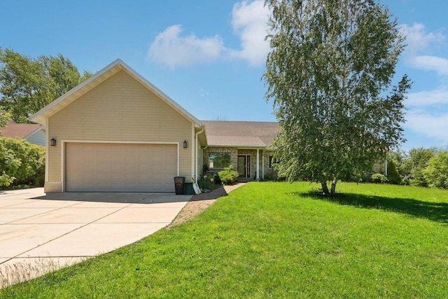 single story home featuring a front lawn and a garage