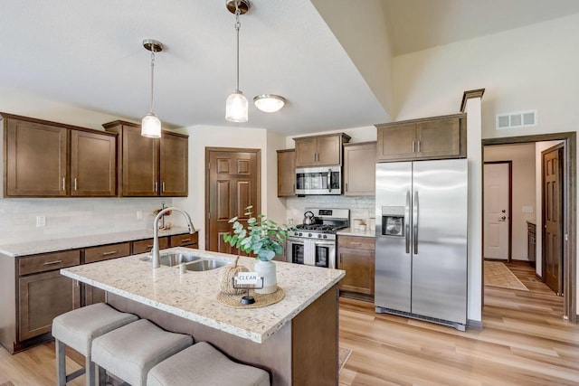 kitchen with decorative light fixtures, stainless steel appliances, an island with sink, decorative backsplash, and sink