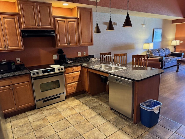 kitchen with sink, stainless steel appliances, pendant lighting, light hardwood / wood-style floors, and exhaust hood