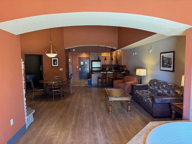 living room featuring dark hardwood / wood-style flooring and lofted ceiling