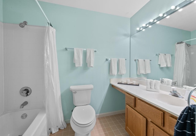 full bathroom with tile patterned flooring, vanity, shower / tub combo, and toilet