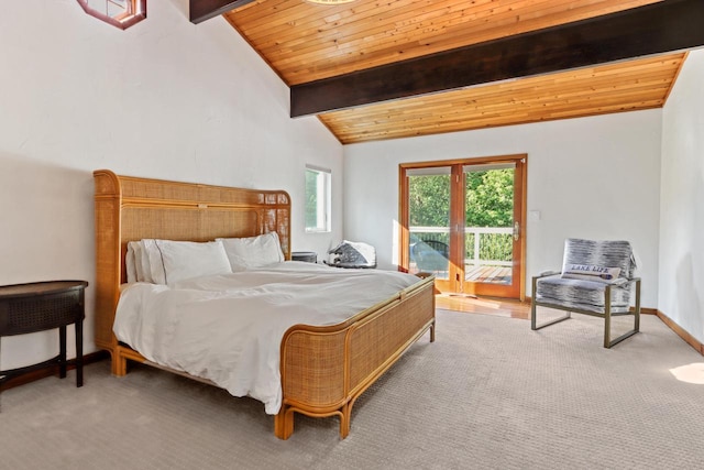 carpeted bedroom featuring vaulted ceiling with beams, access to exterior, and wood ceiling