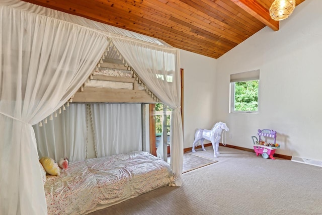 carpeted bedroom with vaulted ceiling with beams and wood ceiling