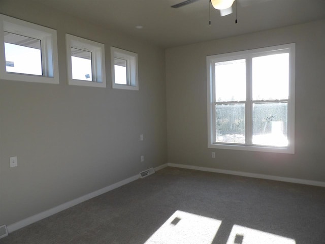 unfurnished room featuring carpet flooring, ceiling fan, and a healthy amount of sunlight