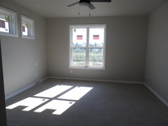 carpeted empty room with a wealth of natural light and ceiling fan